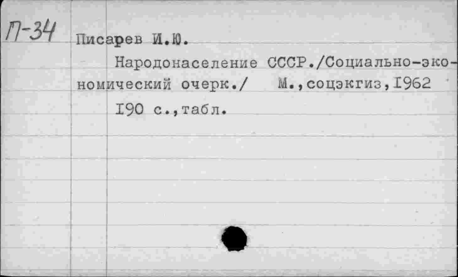 ﻿п-зч	Писарев И.Ю.	
	Народонаселение СССР./Социально-экономический очерк./ М.,соцэкгиз, 1962	
		190 с.,табл.
		
		
		
		
		
		
		